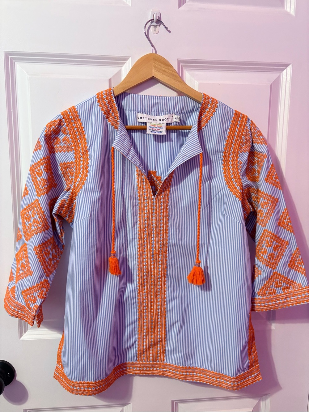 Gretchen Scott Designs Women's Blue & Orange Embroidered StripedTunic Top Size S